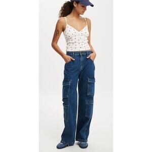 Cotton On Relaxed Cargo Jean Women 6 Blue Light Wash Y2K Wide Leg Pockets Casual
